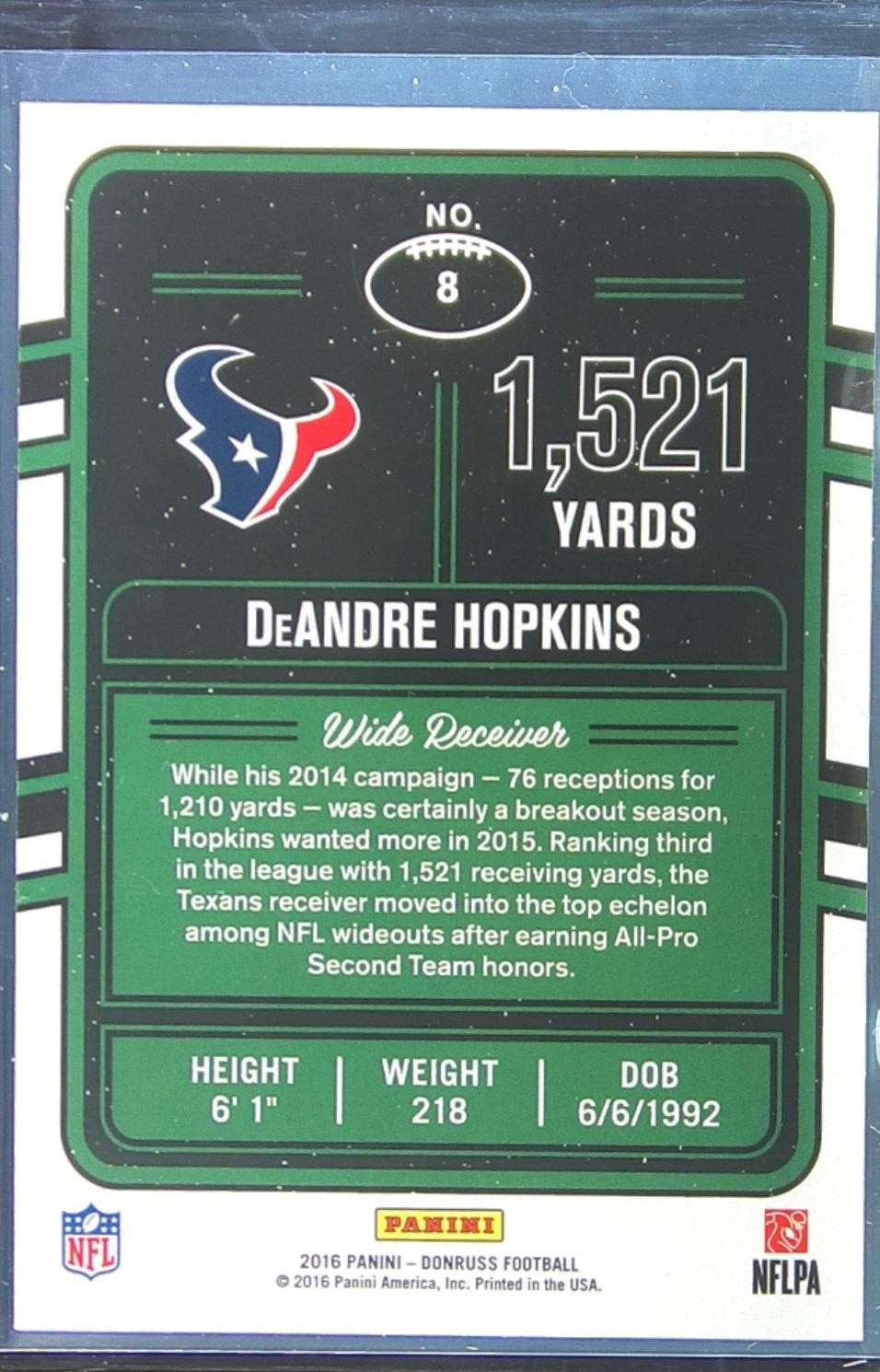 2016 Donruss DeAndre Hopkins /100 #8 Texans Production Line Yardage Holo - Image 3