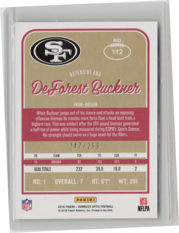 2016 Donruss Optic DeForest Buckner Aqua SN299 #112 49ers - Image 3