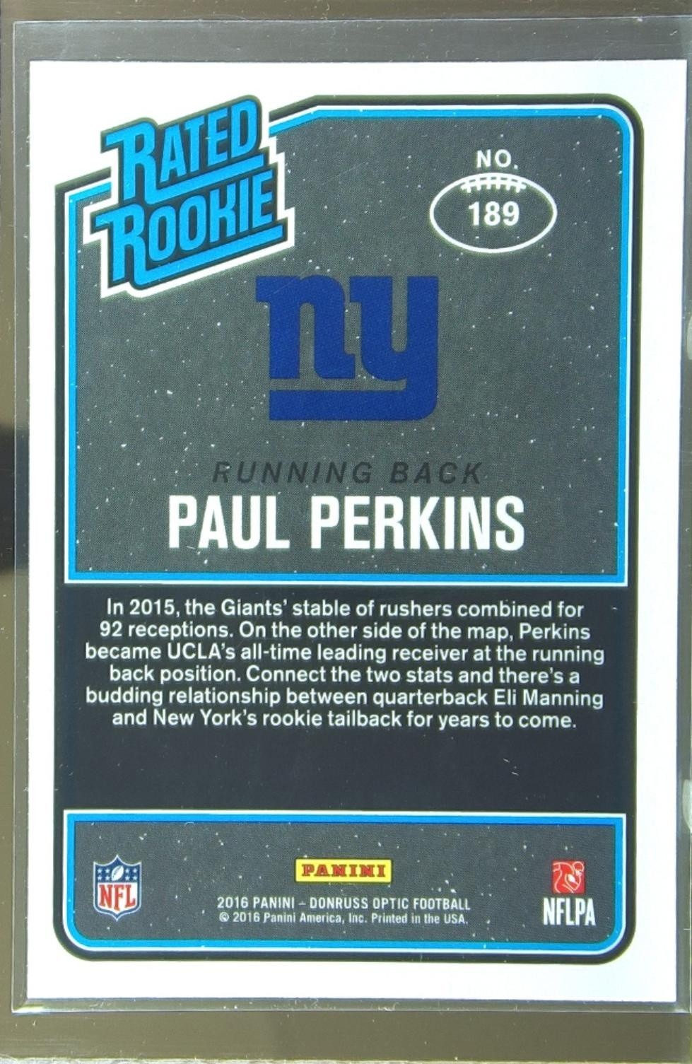 2016 Donruss Optic Paul Perkins Red and Yellow RC #189 Giants - Image 3