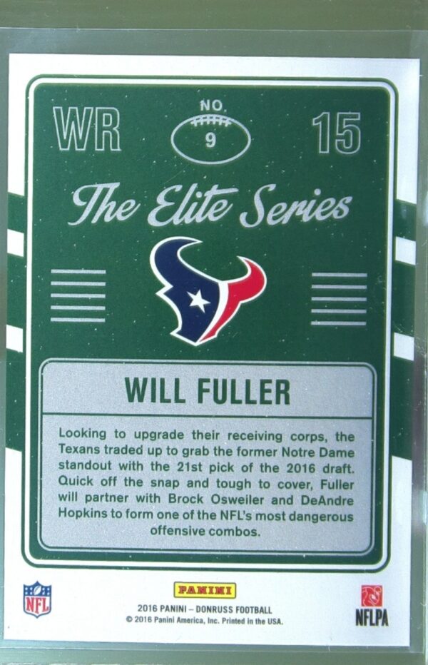2016 Donruss Will Fuller /999 RC #9 Texans The Elite Series Rookies - Image 3