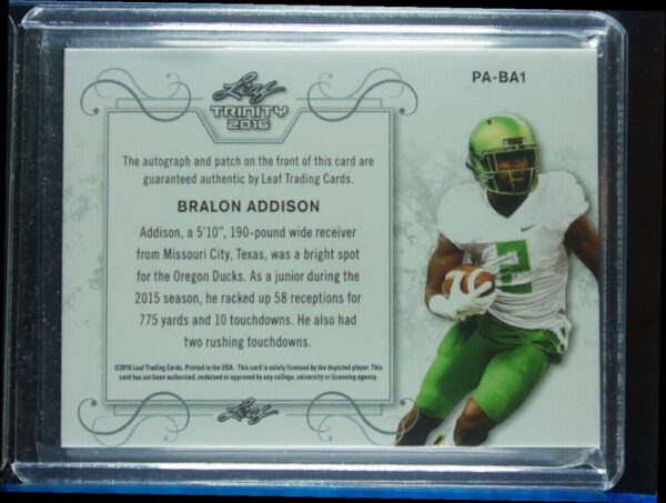 2016 Leaf Trinity Bralon Addison AU SN25 MEM #PA-BA1 Ducks Patch Autograph Red - Image 3