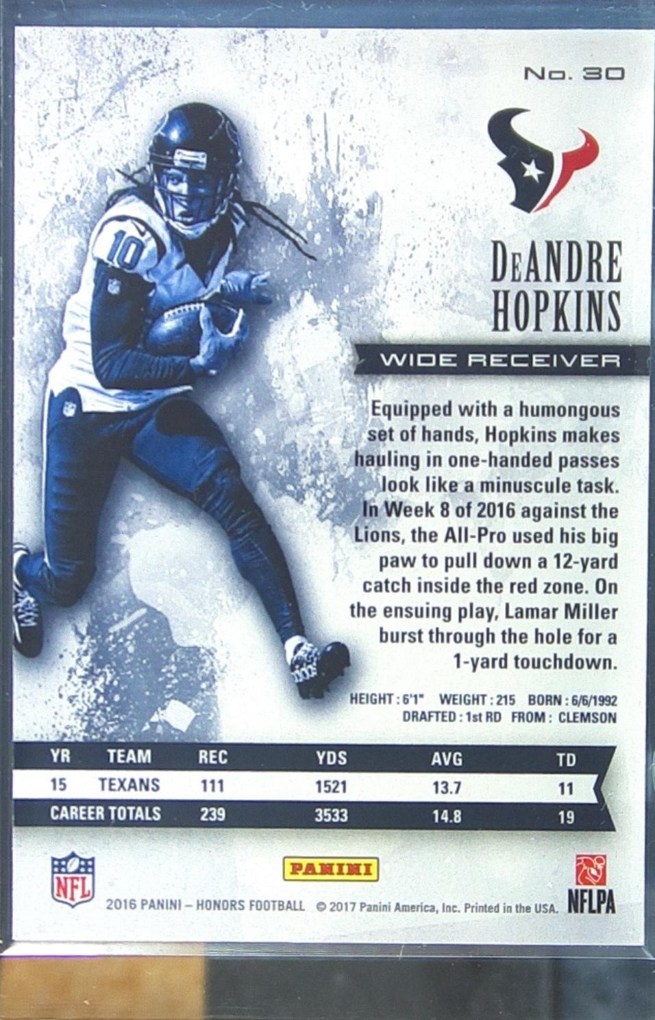 2016 Panini Honors DeAndre Hopkins /99 #30 Texans - Image 3