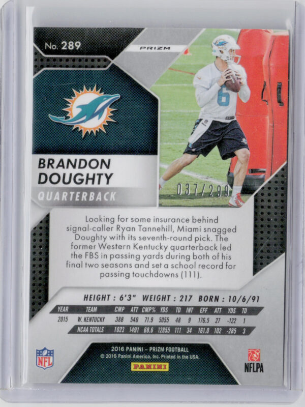 2016 Panini Prizm Brandon Doughty Orange SN299 #289 Dolphins - Image 3