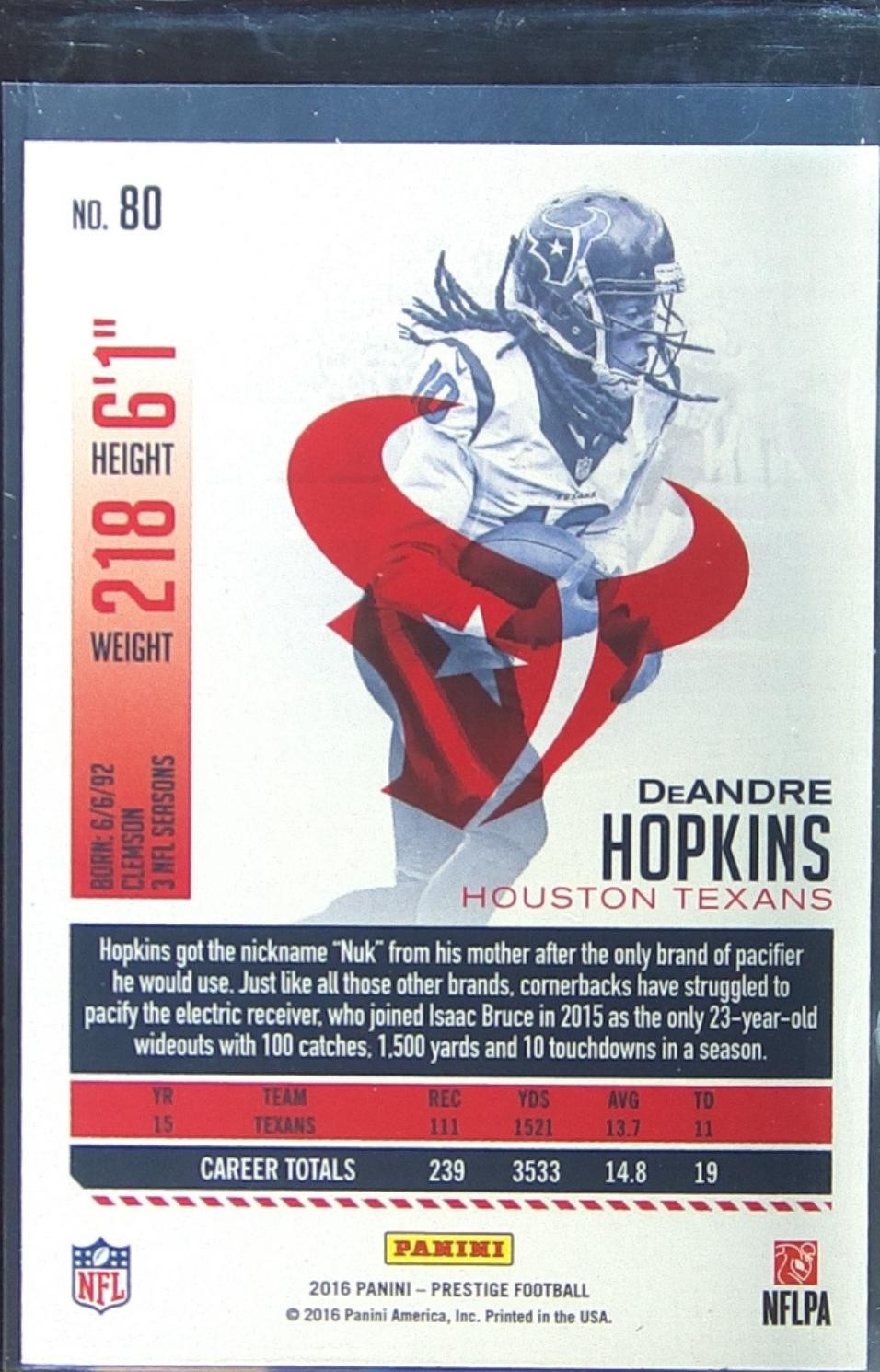 2016 Prestige DeAndre Hopkins Xtra Points Blue #80 Texans - Image 3