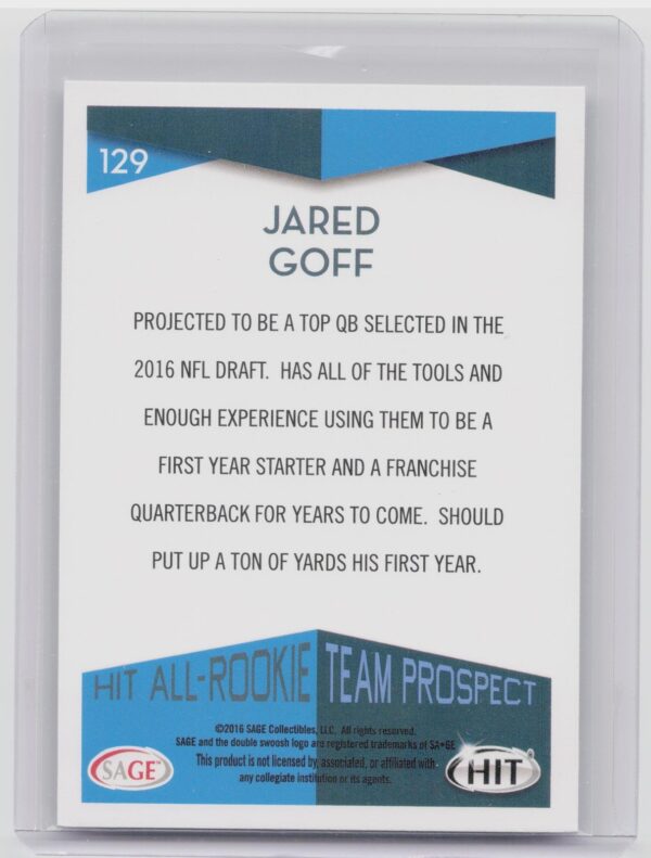2016 SAGE HIT Jared Goff Rookie #129 California GoldenBears - Image 3