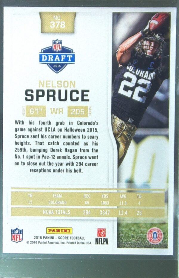 2016 Score Nelson Spruce RC #378 Buffaloes - Image 3
