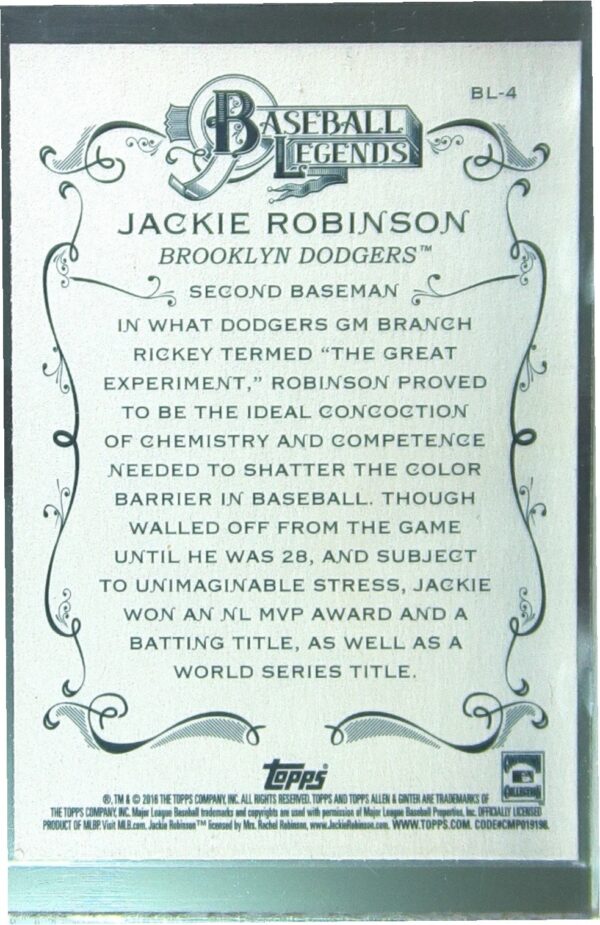 2016 Topps Allen & Ginter Jackie Robinson #BL-4 Dodgers Baseball Legends - Image 3