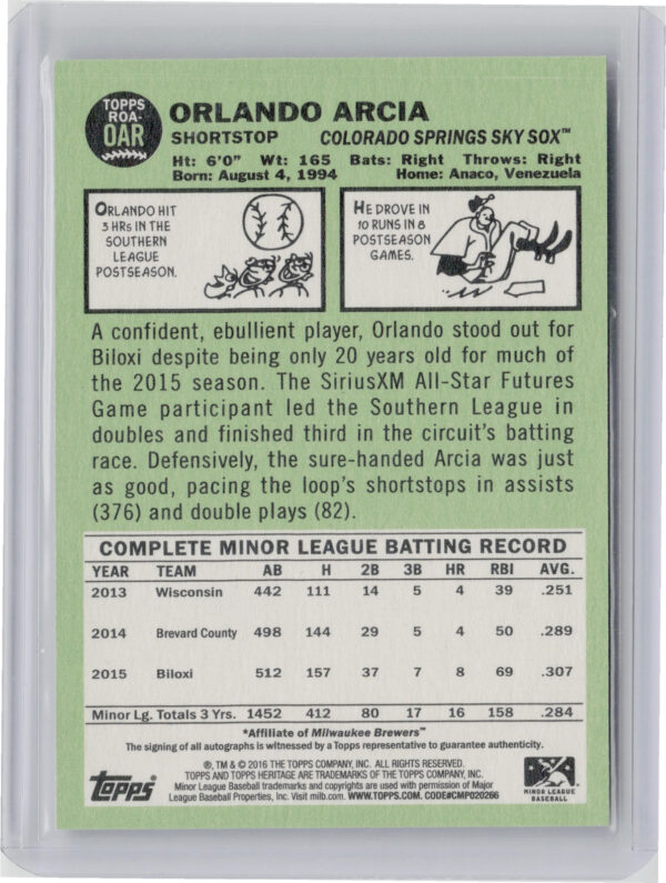 2016 Topps Heritage Minor League Orlando Arcia AU #ROA-OAR Sox Real One Autograp - Image 3