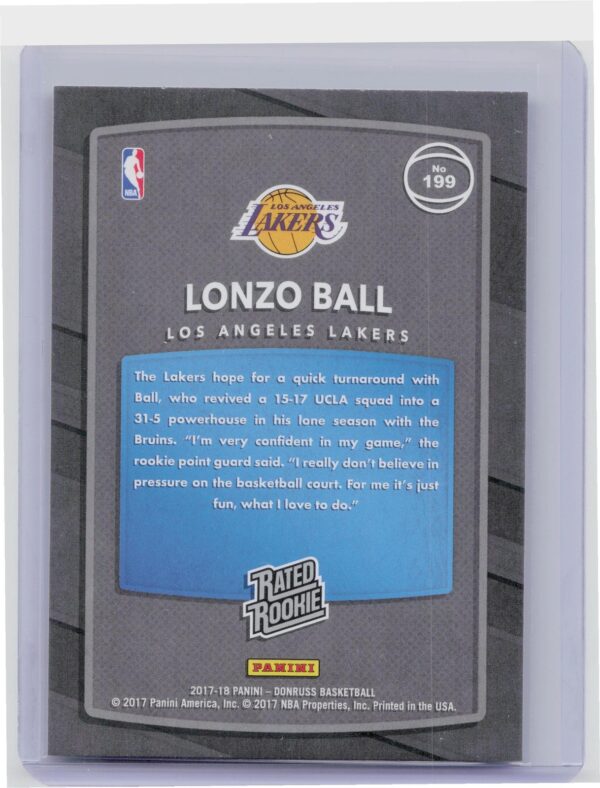 2017-18 Donruss Lonzo Ball RC #199 Lakers - Image 3