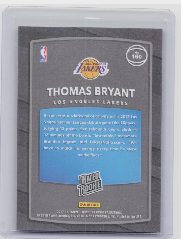 2017-18 Donruss Optic Thomas Bryant Rated Rookie Shock #160 Lakers - Image 3