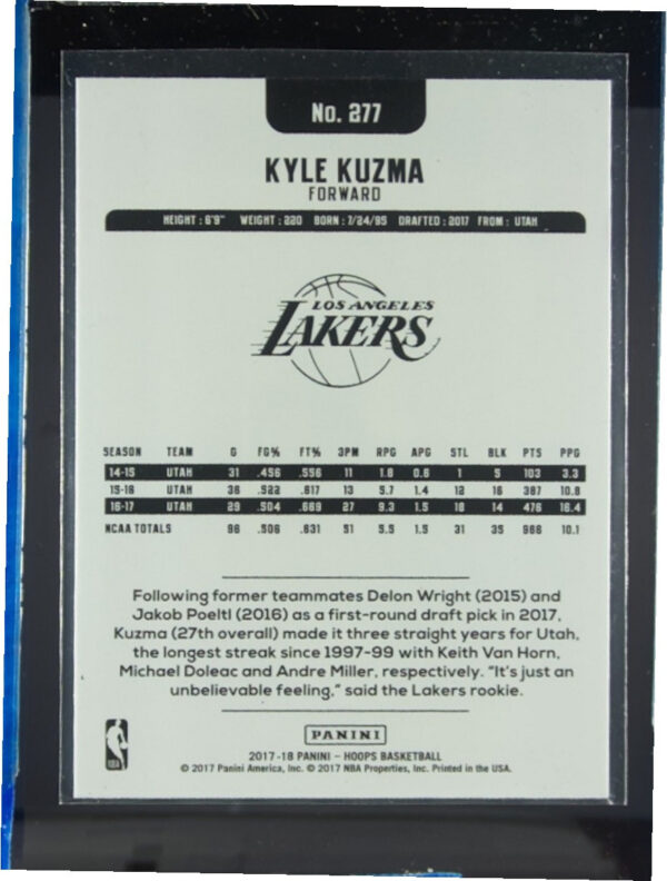 2017-18 Hoops Kyle Kuzma RC #277 Lakers - Image 3