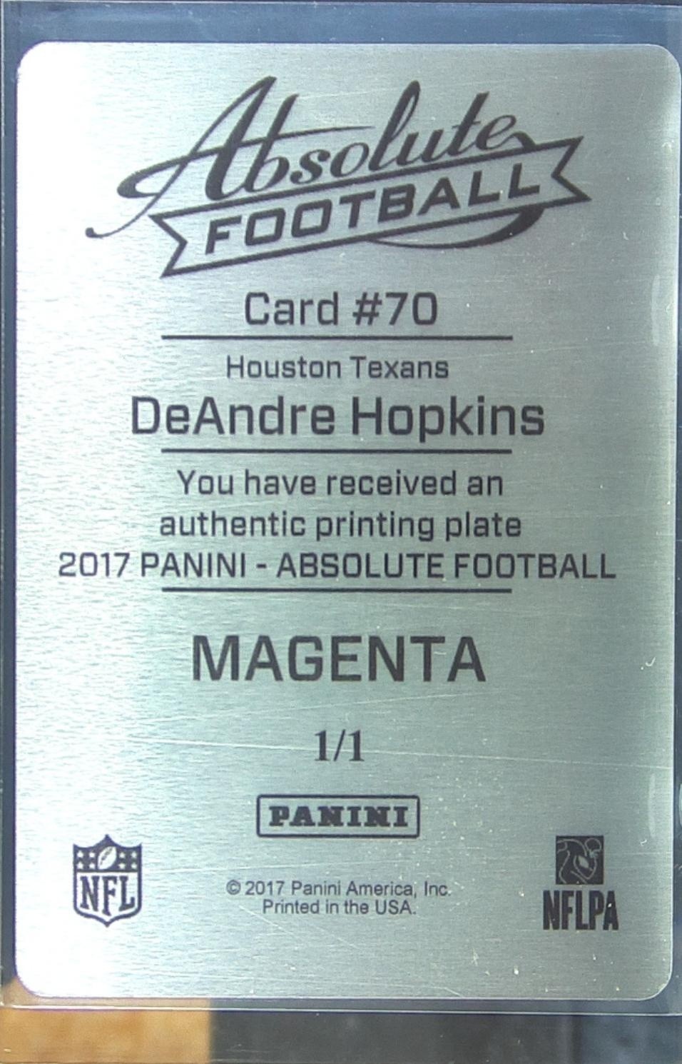2017 Absolute DeAndre Hopkins Printing Plates Magenta 1/1 #70 Texans - Image 3