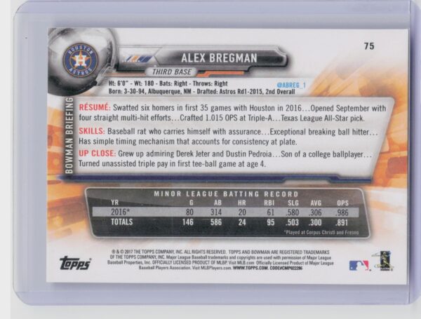 2017 Bowman Alex Bregman RC #75 Astros - Image 3
