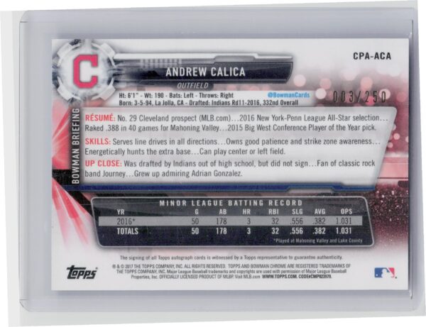 2017 Bowman Chrome Andrew Calica AU SN250 #CPA-ACA Indians Prospect Autographs P - Image 3