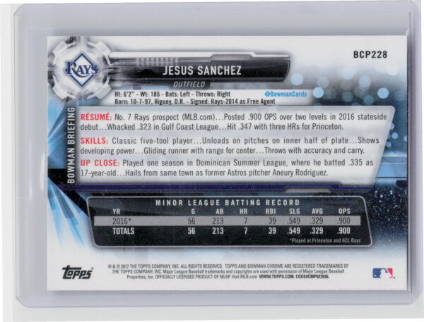 2017 Bowman Chrome Jesus Sanchez #BCP228 Rays Prospects - Image 3