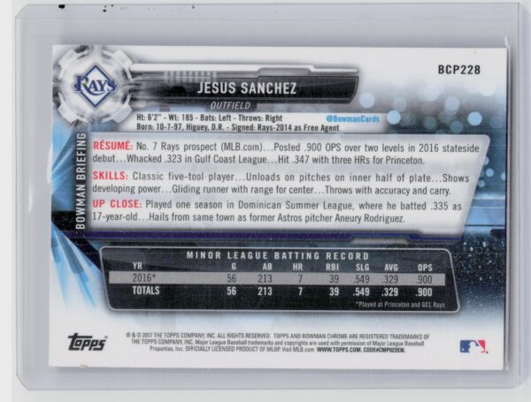2017 Bowman Chrome Jesus Sanchez #BCP228 Rays Prospects - Image 3