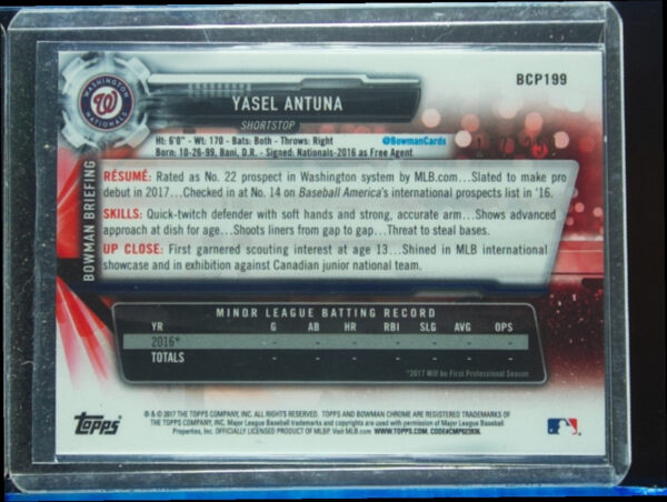 2017 Bowman Chrome Yasel Antuna SN250 #BCP199 Nationals Prospects Purple Refract - Image 3