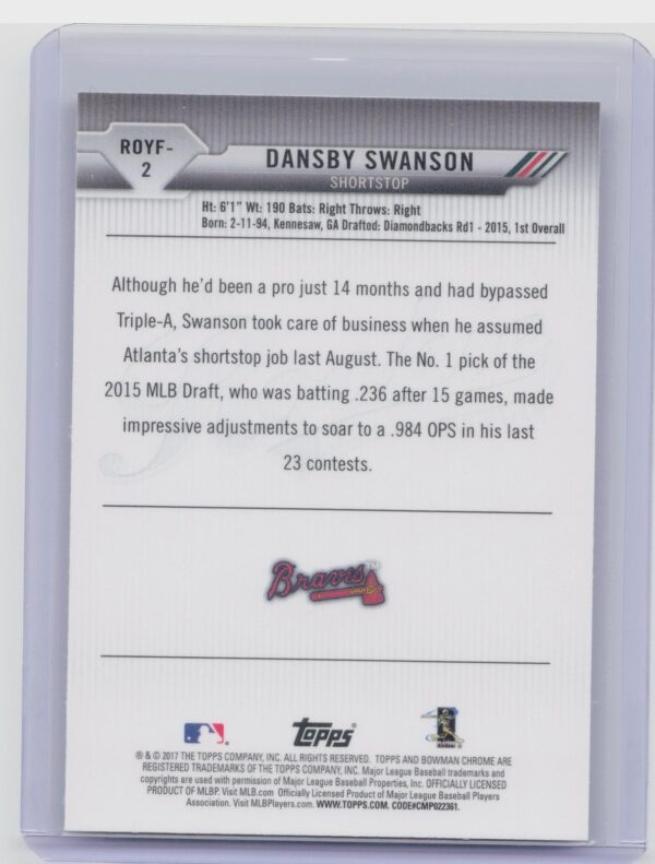 2017 Bowman Dansby Swanson #ROYF-2 Braves Rookie of the Year Favorites - Image 3