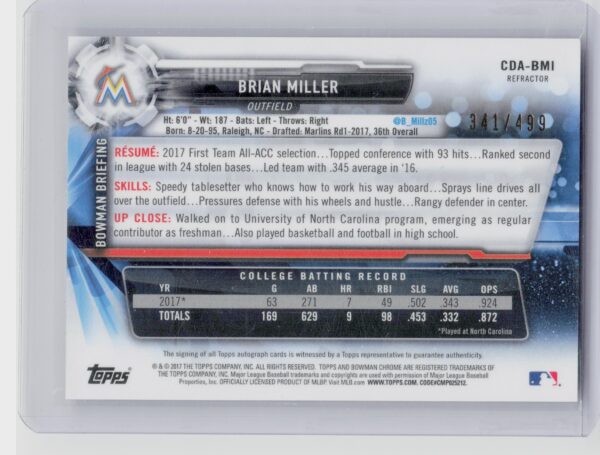 2017 Bowman Draft Brian Miller AU SN499 #CDA-BMI Marlins Chrome Draft Pick Autog - Image 3