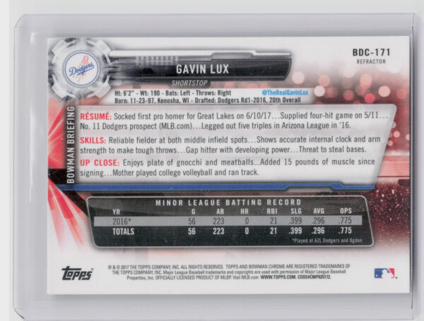 2017 Bowman Draft Gavin Lux Chrome Refractor #BDC-171 Dodgers - Image 3