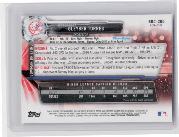 2017 Bowman Draft Gleyber Torres Chrome Refractor #BDC-200 Yankees - Image 3