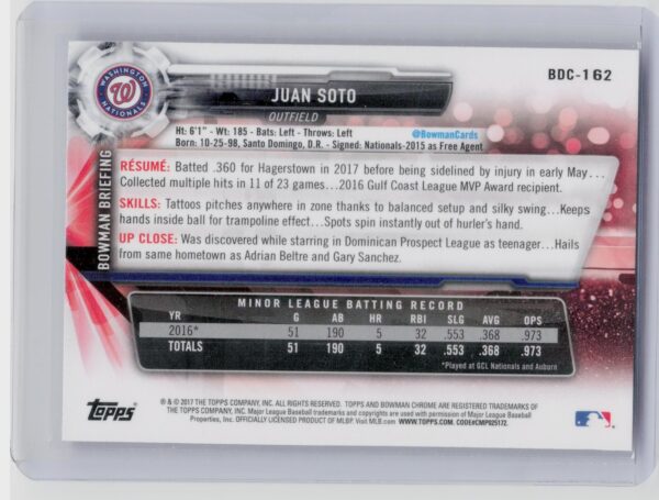 2017 Bowman Draft Juan Soto Chrome #BDC-162 Nationals - Image 3