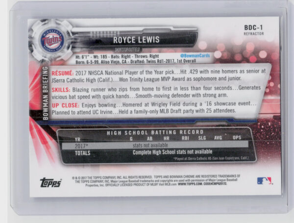 2017 Bowman Draft Royce Lewis Chrome Refractor #BDC-1 Twins - Image 3