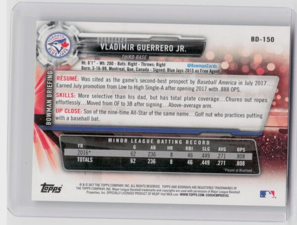 2017 Bowman Draft Vladimir Guerrero Jr. #BD-150 Jays - Image 3