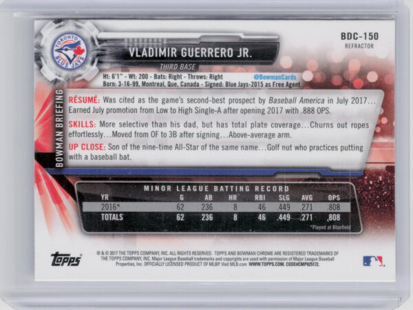 2017 Bowman Draft Vladimir Guerrero Jr. Chrome Refractor #BDC-150 Jays - Image 3