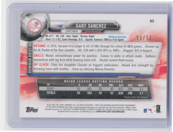 2017 Bowman Gary Sanchez Gold /50 #85 Yankees - Image 3