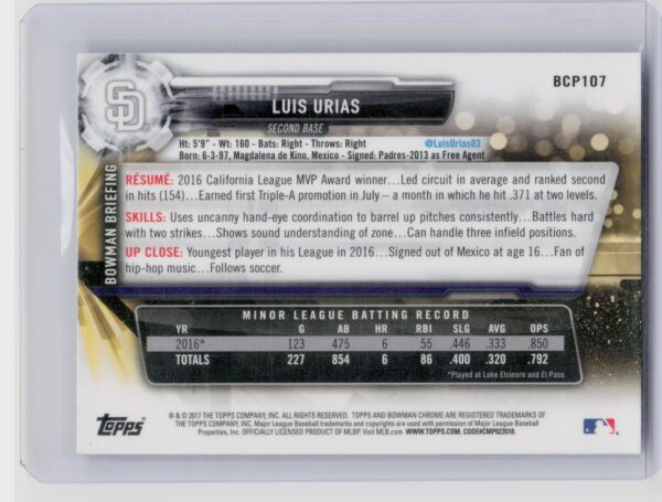 2017 Bowman Luis Urias #BCP107 Padres Chrome Prospects Mojo - Image 3