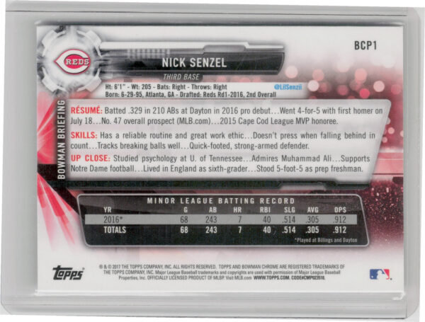 2017 Bowman Nick Senzel #BCP1 Reds Chrome Prospects Mojo - Image 3