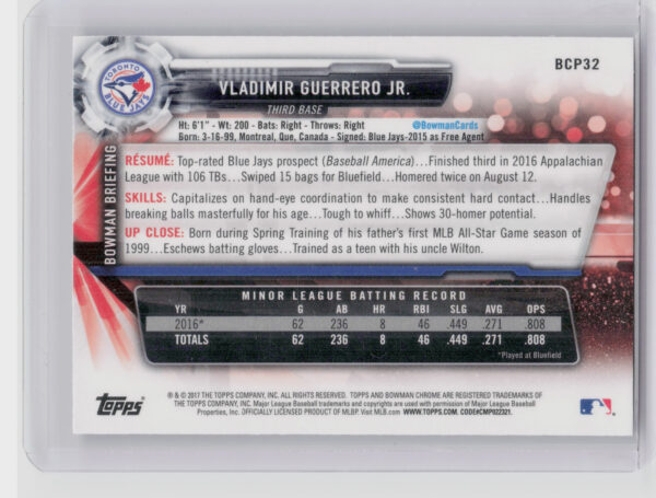 2017 Bowman Vladimir Guerrero Jr. #BCP32 Jays Chrome Prospects - Image 3