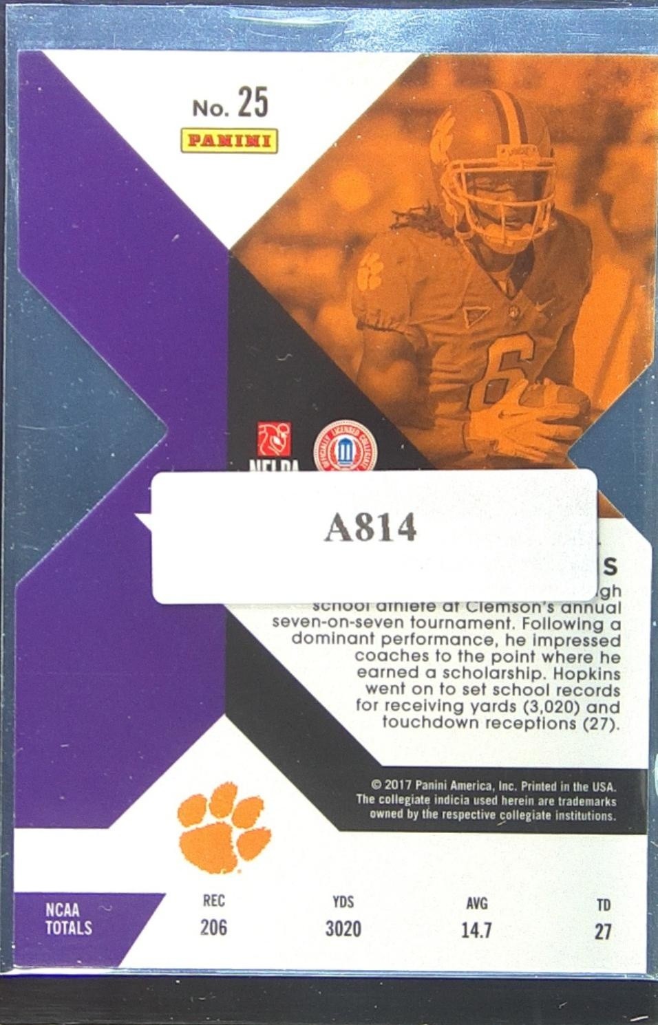 2017 Elite Draft Picks DeAndre Hopkins Blue Die Cut /25 #25 Tigers - Image 3