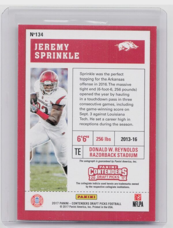 2017 Panini Contenders Draft Picks Jeremy Sprinkle AU #134 Razorbacks - Image 3
