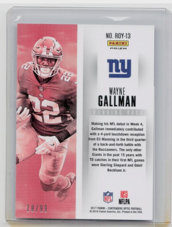 2017 Panini Contenders Optic Wayne Gallman SN99 #ROY-13 Giants Rookie of the Yea - Image 3