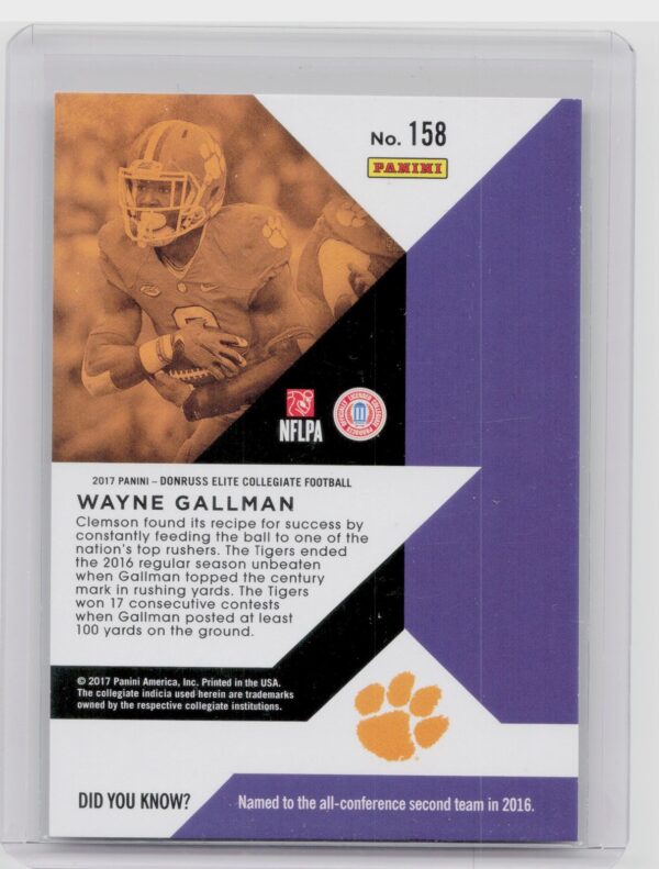 2017 Panini Elite Draft Picks Wayne Gallman Purple /99 #158 Tigers - Image 3