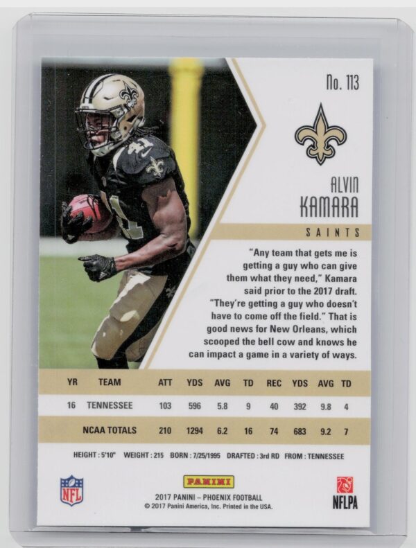 2017 Panini Phoenix Alvin Kamara RC #113 Saints - Image 3