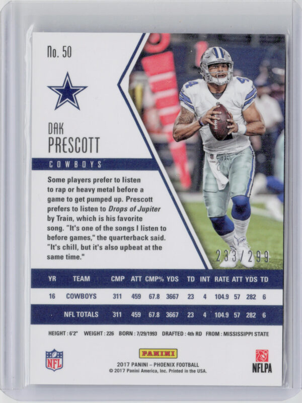 2017 Panini Phoenix Dak Prescott Red SN299 #50 Cowboys - Image 3