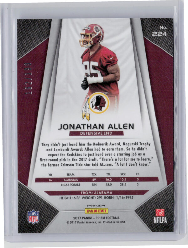 2017 Panini Prizm Jonathan Allen Prizm Light Blue SN199 #224 Redskins - Image 3