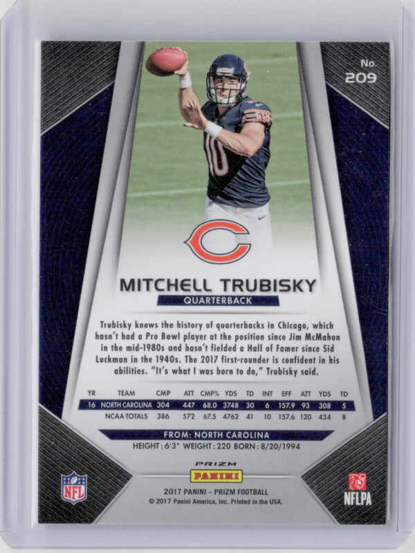 2017 Panini Prizm Mitchell Trubisky Prizm #209 Bears - Image 3