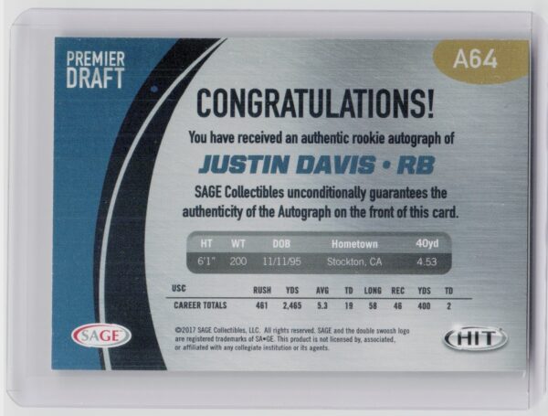 2017 SAGE HIT Justin Davis AU #A64 Trojans Autographs Red - Image 3