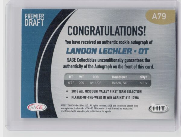 2017 SAGE HIT Landon Lechler AU #A79 Bison Autographs - Image 3