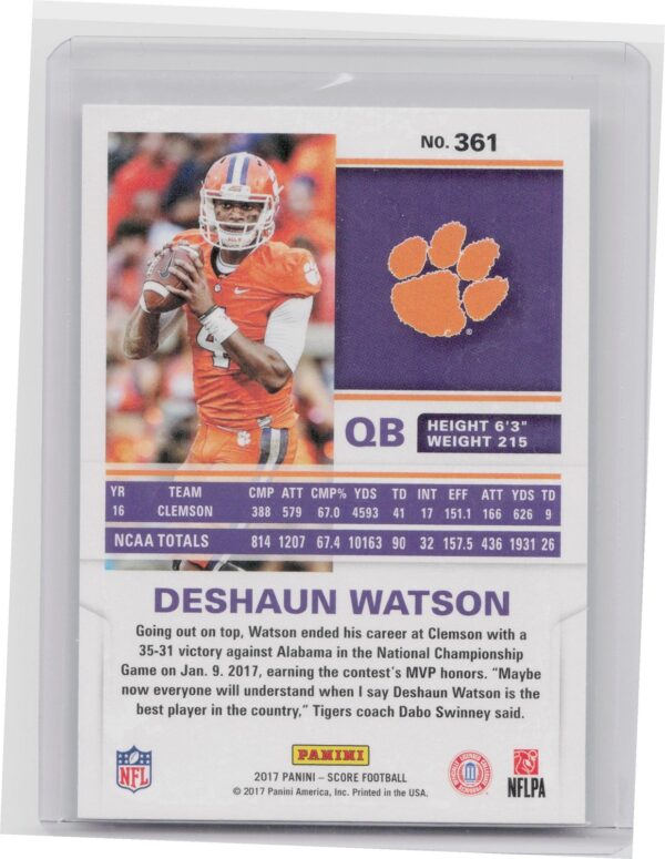 2017 Score Deshaun Watson RC #361 Tigers - Image 3