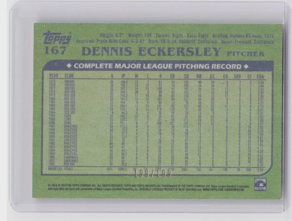 2017 Topps Archives Dennis Eckersley Peach SN199 #167 Athletics - Image 3
