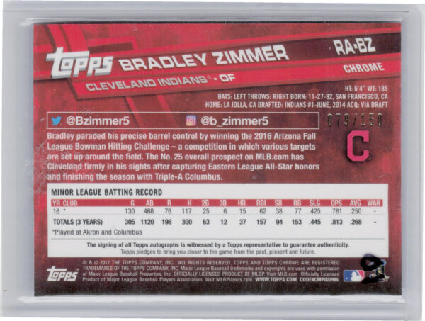 2017 Topps Chrome Bradley Zimmer AU SN150 #RA-BZ Indians Rookie Autographs Blue - Image 3