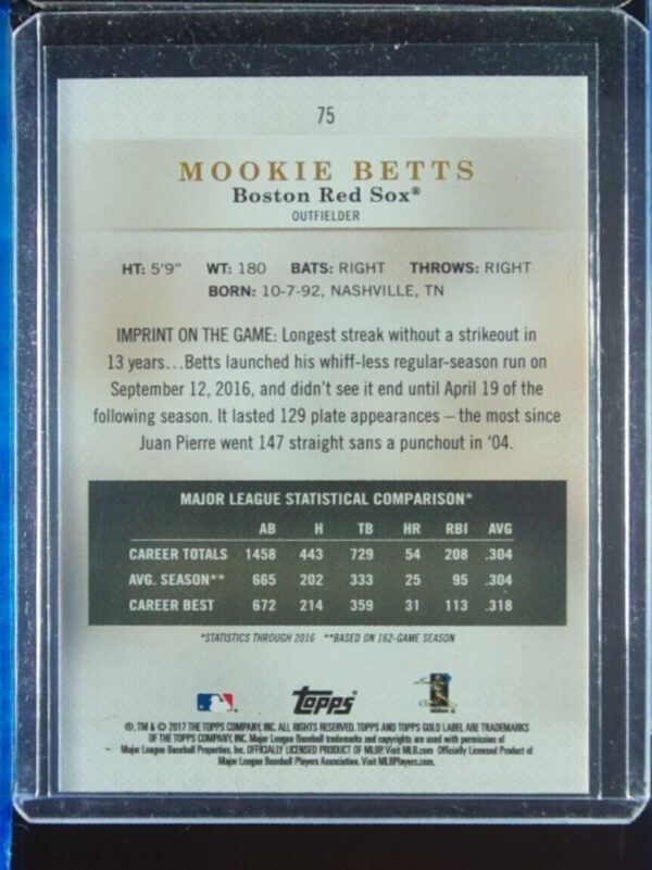 2017 Topps Gold Label Mookie Betts Class 2 Blue SN99 #75 Sox - Image 3