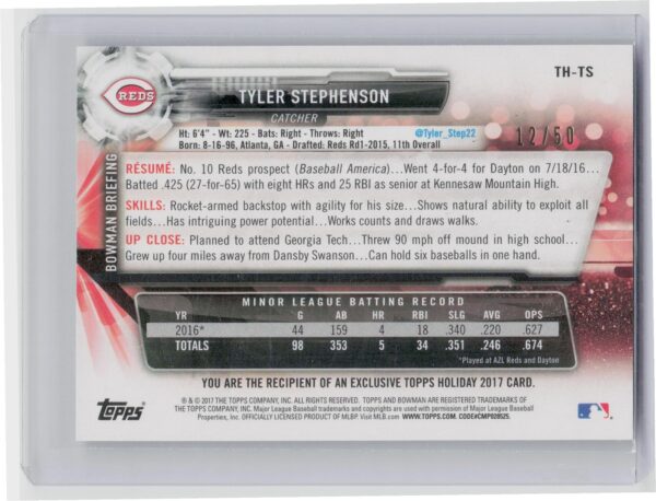 2017 Topps Holiday Bowman Tyler Stephenson Blue Winter Wonderland /50 #TH-TS Re - Image 3