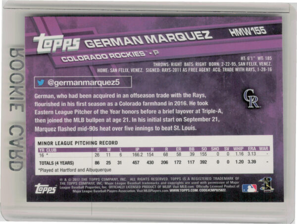 2017 Topps Holiday German Marquez RC #HMW155 Rockies - Image 3