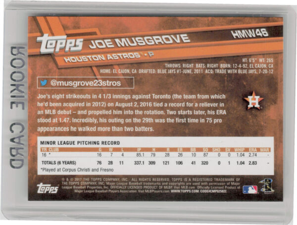 2017 Topps Holiday Joe Musgrove RC #HMW46 Astros - Image 3